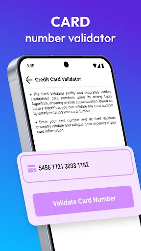 Credit card validator input screen where users can enter and validate card numbers using secure Luhn algorithm