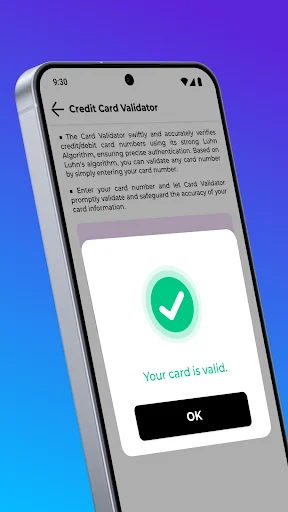 Card validation success confirmation showing green checkmark and 'Your card is valid' message with OK button