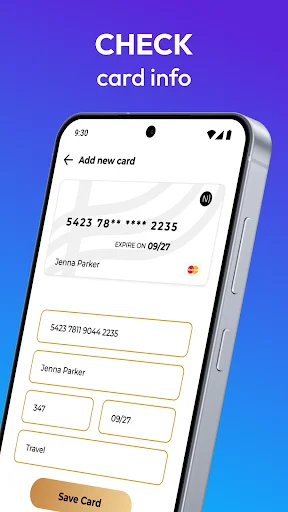 Add new card form displaying credit card details fields including number, cardholder name, expiry and CVV
