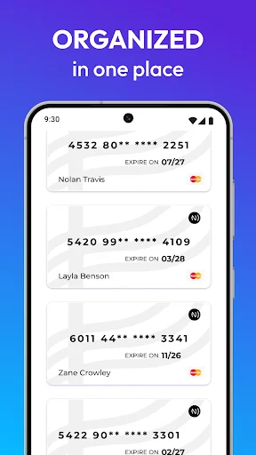 Digital wallet card list showing multiple stored debit and credit cards organized with cardholder information
