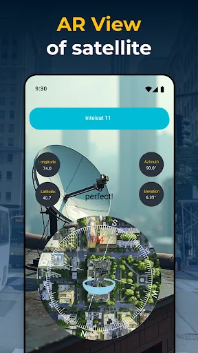 AR satellite finder showing augmented reality view with compass, azimuth, and elevation overlay