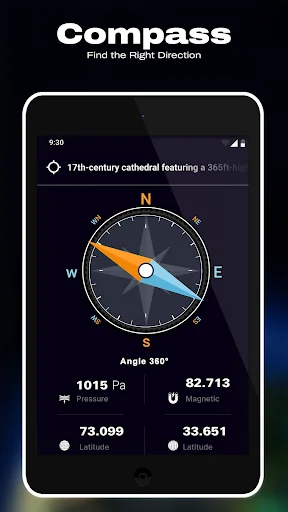 Compass direction finder displaying bearing angle, pressure, and magnetic readings