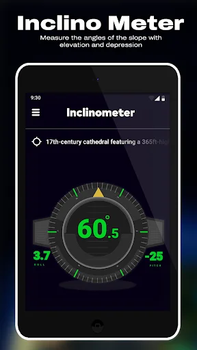 Inclinometer measuring slope elevation angle with digital readout and gauge indicators