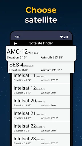 Satellite selection list displaying TV satellites with elevation angles and azimuth coordinates