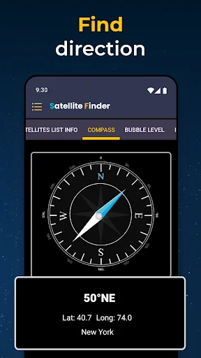 Satellite compass tool showing directional bearing with location coordinates and angle data