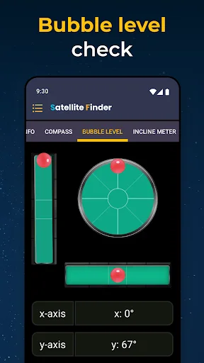 Bubble level app for dish alignment measuring X and Y axis inclination with visual display