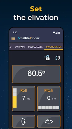 Elevation angle setter showing 60.5 degree adjustment with roll and pitch control options