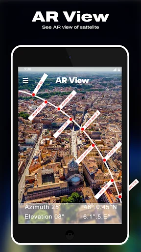 Augmented reality satellite view overlaying positions on landscape with azimuth and elevation