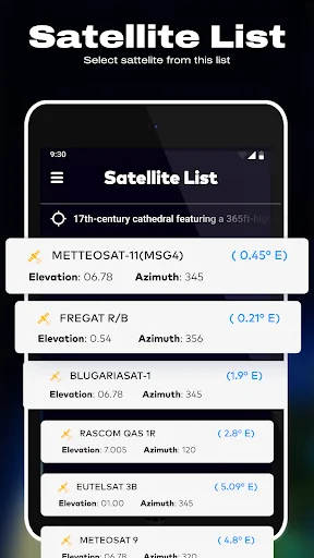 Satellite list for dish TV showing multiple satellites with elevation and azimuth coordinates
