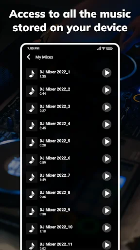 My Mixes playlist view with list of saved DJ remix tracks with play buttons and track duration times