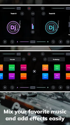 DJ turntable mixing interface with two DJ decks, vocal and dubstep track controls, and audio adjustment sliders