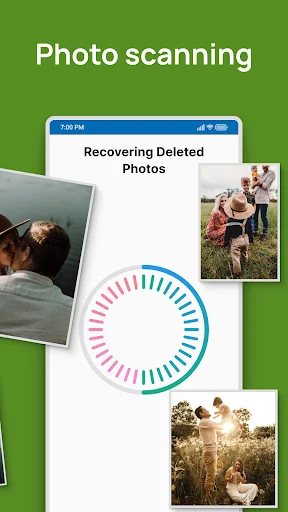 Photo Recovery app scanning interface with circular progress indicator recovering deleted photos from device storage