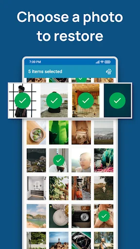Photo Recovery selection grid displaying recoverable photos with 5 items selected using green checkmark indicators