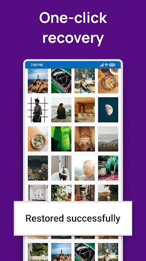 Photo Recovery success screen showing 'Restored successfully' confirmation message after one-click restoration process