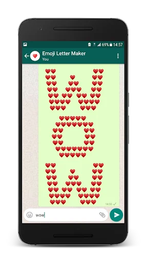 Emoji Letter Maker app with red heart emojis spelling 'word' on yellow background, text input field, and send button