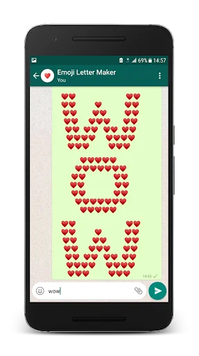Emoji Letter Maker interface displaying red heart emojis creating letter art with text input and send button features