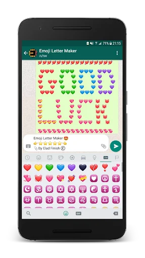 Emoji Letter Maker with multicolor emoji letters and expanded emoji picker panel showing various decorative emoji options