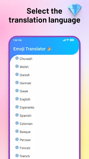 Emoji Translator language selection screen displaying list of 99+ languages including Chuvash, Welsh, Danish, German, Greek, English, Spanish, and French