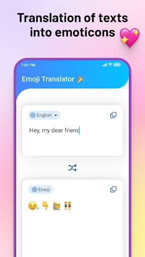 Emoji Translator app converting text to emoticons - input text 'Hey, my dear friend' translates to smiling faces, thumbs up, and gift box emojis