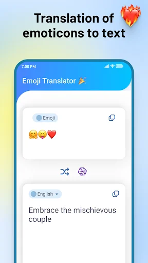 Emoji Translator app converting emoticons to text - input emojis of smiling face, hearts, and faces translate to 'Embrace the mischievous couple' in English