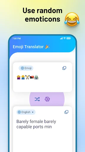 Emoji Translator app using random emoticons feature showing random emoji translation with translate button converting emojis to humorous English text