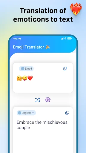 Emoji Translator showing emoji-to-text translation feature with three input emojis converting to meaningful English phrase 'Embrace the mischievous couple'