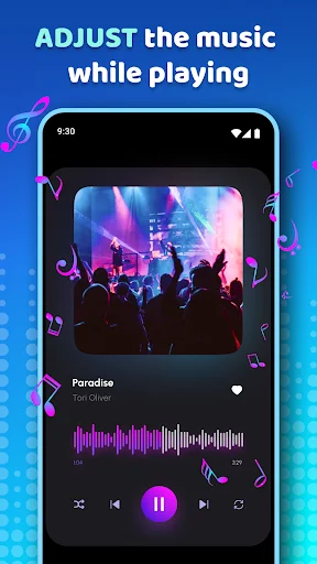 Music player with live equalizer adjustment, concert visualization, waveform display, and playback controls