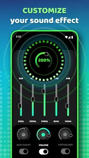 Sound equalizer customization panel with circular boost meter, frequency bands, and audio effect controls