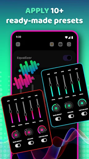 Multiple equalizer presets interface showing 10+ ready-made sound profiles with different frequency settings