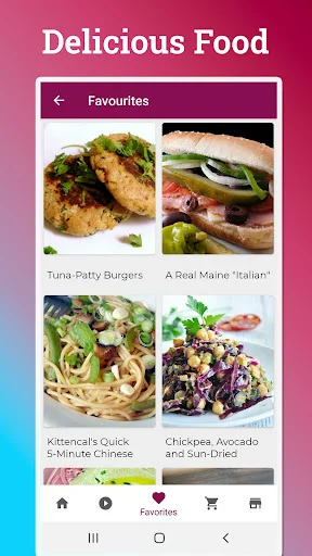 Favorites section showing saved quick recipes grid including burgers, Italian pasta, Chinese noodles, and salad dishes