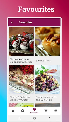 Favorites collection page displaying saved 15-minute recipes including desserts, baklava cups, and chickpea salad items