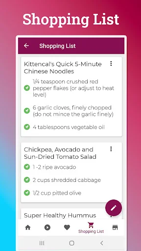 Shopping List view with ingredients from multiple quick recipes organized with checkmarks for completed items and portions
