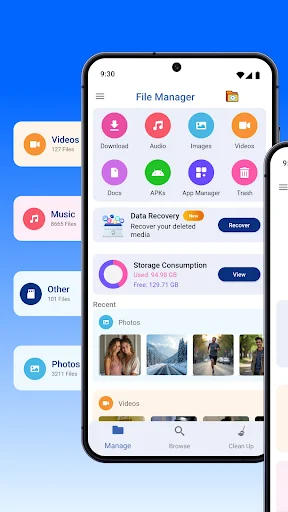 File Manager home screen with category icons for Downloads, Audio, Images, Videos, and storage tools; shows Data Recovery feature and Storage Consumption information