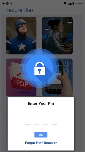 Secure Files PIN protection feature with lock icon overlay on media files and password entry dialog for file security