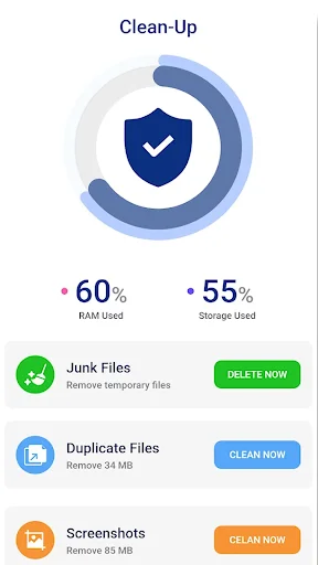 Clean-Up overview displaying device statistics showing 60% RAM usage and 55% storage usage with cleanup recommendations for junk, duplicate, and screenshot files