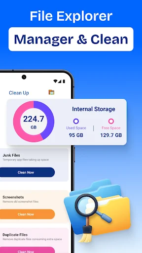 Clean Up section displaying total storage of 224.7 GB with Internal Storage breakdown of 95 GB used and 129.7 GB free; cleanup options for junk files, screenshots, and duplicates