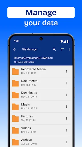 File Manager interface showing organized file folders including Recovered Media, Documents, Downloads, Music, Pictures, Videos, and Archive with folder details