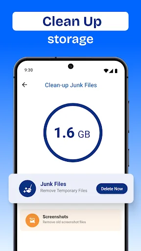 Clean-up Junk Files screen displaying 1.6 GB of temporary files to remove with options for Screenshots and other cleanup categories