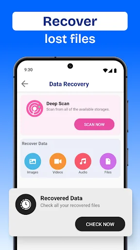 Data Recovery screen with Deep Scan feature to recover lost files and Recovered Data section to view restored files and folders