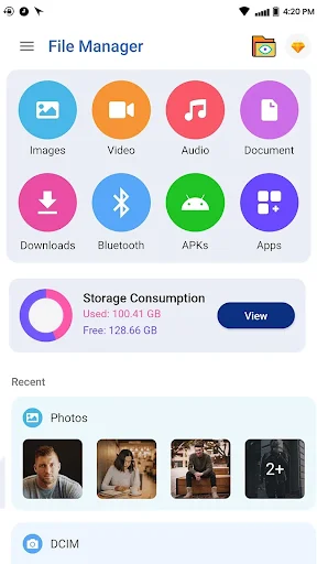 File Manager dashboard with category shortcuts for Images, Video, Audio, Document, Downloads, Bluetooth, APKs, and Apps; Storage Consumption pie chart