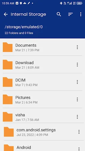 Internal Storage listing showing 22 folders and files including Documents, Download, DCIM, Pictures, and system folders with timestamps