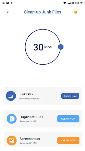 Clean-up Junk Files screen indicating 30 MB of temporary files with cleanup options for junk files, duplicate files, and screenshots
