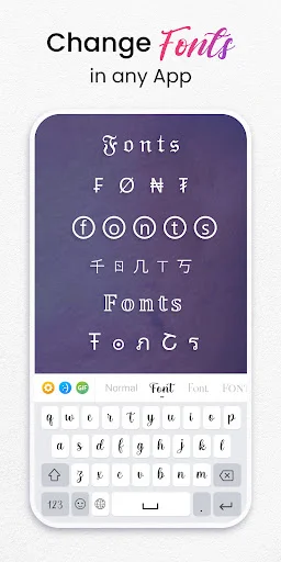 Fonts Keyboard Style app showing multiple decorative font variations above keyboard to personalize text in any app