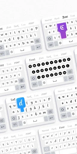 Multiple themed keyboards with varied font styles including purple, circular dot pattern, and blue design options