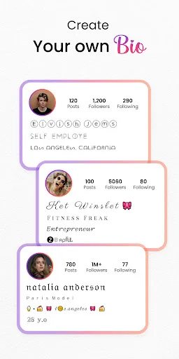 Create custom bio profiles with decorative fonts, follower stats, and social media integration options