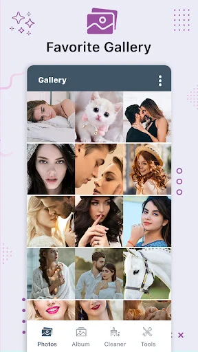 Photo Gallery grid view displaying organized photos in multiple-column layout with navigation tabs for Photos, Album, Cleaner, and Tools management