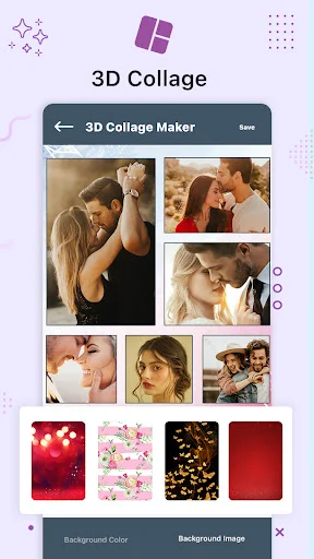 3D Collage Maker showing multiple photos arranged in custom collage layout with background color and pattern selection options displayed below