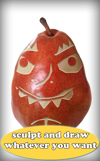 Fruit Draw app screenshot: Red pear with carved jack-o-lantern face, text reads sculpt and draw whatever you want on yellow banner