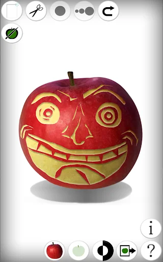 Fruit Draw app screenshot: Red apple with carved angry face design and golden markings, complete sculpting and drawing tools displayed