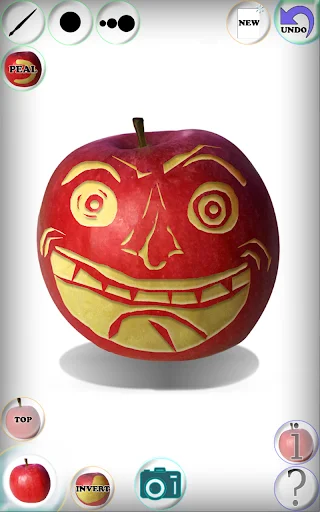 Fruit Draw app screenshot: Red apple with carved mischievous face, complete editing interface with sculpting tools, UNDO, and inventory buttons